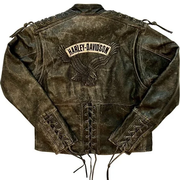 Harley Davidson Vintage Distressed Leather Biker Jacket Size Women’s Medium - Picture 2 of 9